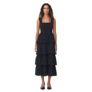 GANNI Pleated Georgette Flounce Smock Midi Dress Black Womens Size 32 New